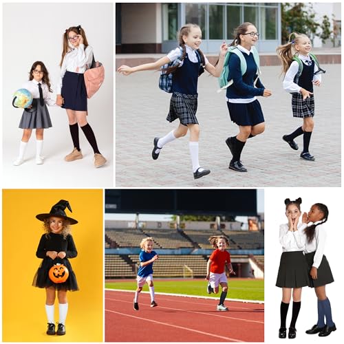 KONY 3 Pairs Girls Knee High Socks, Soft Cotton School Uniform Long Socks, 4-12 Years, Black, White, Navy Blue2