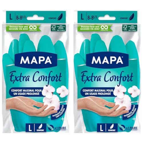 Mapa - Extra Confort - Gants de Ménage en Latex Doublure Textile 100% Coton - Confortables et Résistants pour un usage prolongé - 1 paire - Taille L (Lot de 2)