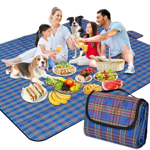 Cleaneaty Picnic Blanket, Foldable Beach Blanket Waterproof Beach Rug Lightweight Picnic Mat with Handle for Hiking Travelling Outdoor Beach Camping Parks Family (180x200cm, Blue)