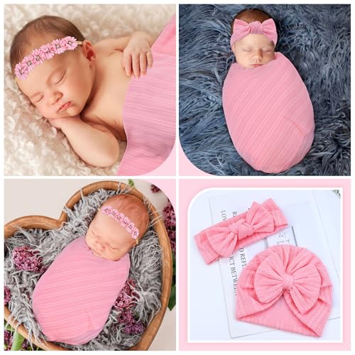 Image of Cinaci 4pcs Pink Soft Nursery Newborn Baby Receiving Swaddle Blanket with Matching Turban Hat Bow Headbands Floral Nylon Headbands for Baby Girls Newborn Infants
