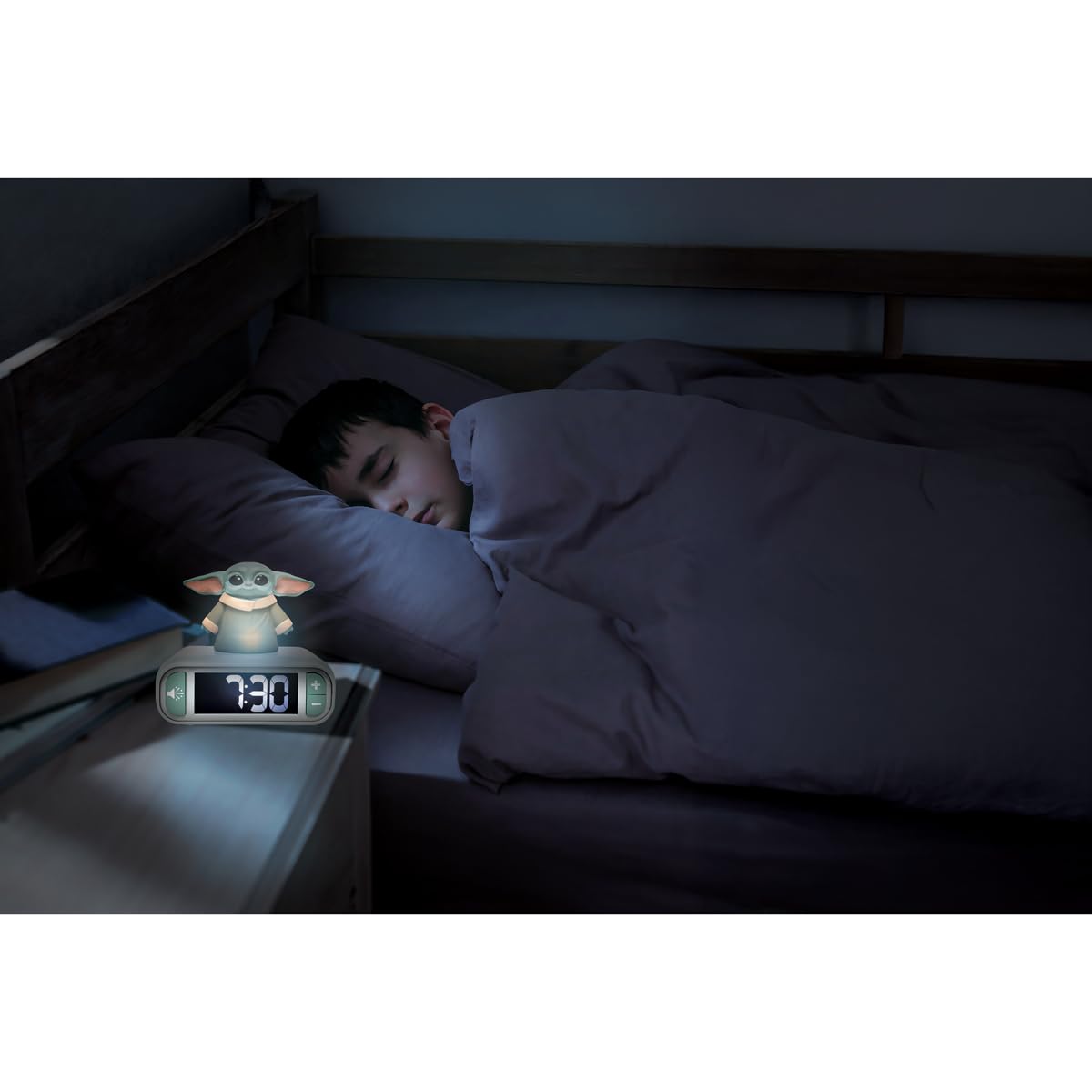 LEXIBOOK, Star Wars, Despertador - Luz Nocturna Grogu con Efectos de Sonido, Verde, RL800SW