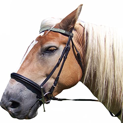 Saddles World Stirnband aus Leder, mit Perlen und klaren Kristallen, Schwarz / Pony Cover