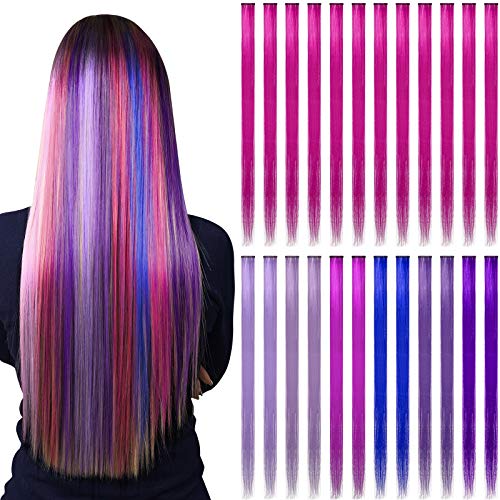 24 Pieces Colored Clip In Hair Extensions 20-Inch Heat-Resistant Straight Hair Wig Clip Piece, Colorful Sequin Party Hairpieces Hair Accessory Decoration for Teen Girls (Charming Color)