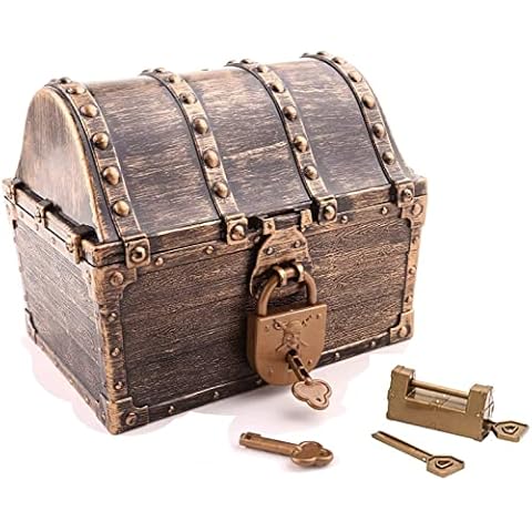 Pashali Children's Pirate Treasure Chest Toy, Large Plastic Pirate Vintage Treasure Chest with 2 Sets of Castles Party Favours Props Decor Treasure Chest Cover