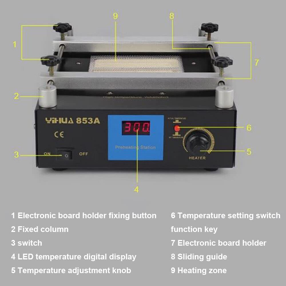 853A Stazione di Saldatura a Piastra Calda da 450W, Riscaldamento Elettrico Piastra Preriscaldamento Stazione 120X120mm, LED Microcomputer Preriscaldamento Elettrico Rework Heater Lab