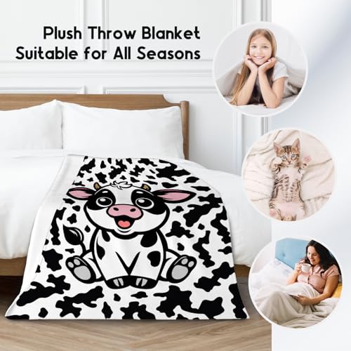 Cow Blanket, Cozy Soft Throw Gifts for Boys, Cute White Flannel Throw Blankets for Couch Office, 50x60 Inches