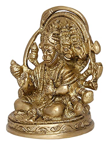 Image of eCraftIndia Golden Brass Handcrafted Sitting Panchmukhi Hanuman Statue - Bajrangbali Religious Idol Murti - Perfect for Home, Office Entrance, Pooja Room, Temple Mandir - Ideal for Gift Purpose