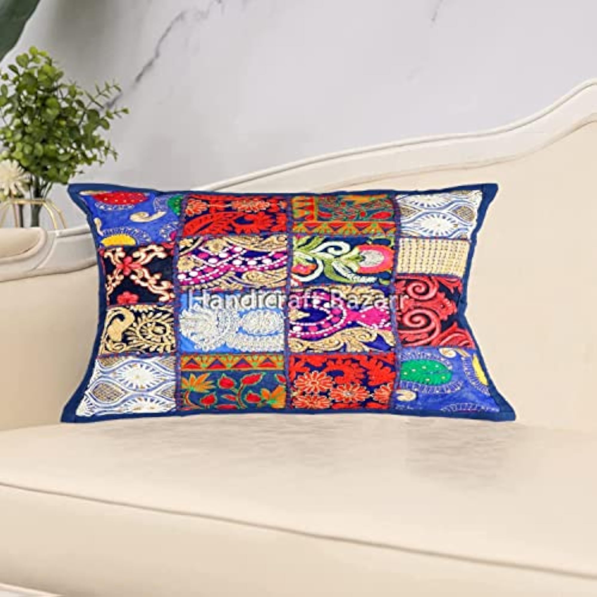 Cotton Pillow Cover for Bed, Vintage Patchwork Design