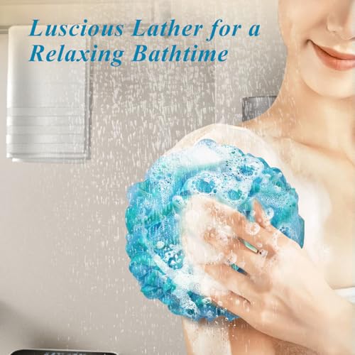 flintronic 4 Stück Badeschwamm, 75g Dusch-Luffa-Kugeln, Masche Schäumend Duschschwamm Körper, weich, langlebig, Extra Groß, Einfach Schäumend, für Reinigendes Körperpeeling & Peeling (Blau)