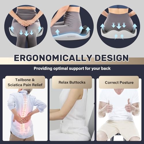 Image of Coverado Car Seat Cushion with Memory Foam, Ergonomic Driving Seat Cushion for Sciatica, Tailbone, Back Pain Relief, Premium Non-Slip Washable Cushion for Car, Driver, Office, Wheelchair