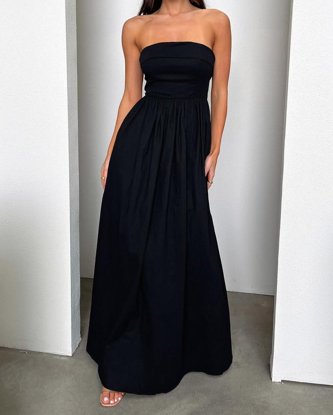 Image of Women Summer Strapless Maxi Tube Dress 2024 Trendy Solid Pleated Flowy Dress Wedding Guest Maxi Dresses Party Club