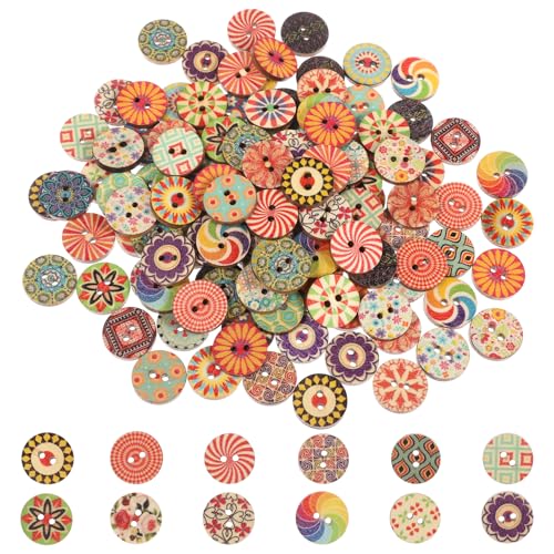 cobee 200 Stück Bunte Holzknöpfe, 15mm Vintage Nähen Knöpfe Rund Blumen Puppenknöpfe Basteln Buttons Knöpfe zum Annähen, Geometrishes Muster Kinderknöpfe für Nähen DIY Basteln Handwerk Deko