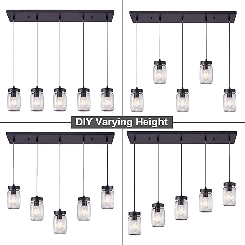 Miniatura 3 de Wellmet Candelabro de 5 luces para isla de cocina, lámpara colgante lineal de granja para comedor, acabado negro mate con pantallas de vidrio
