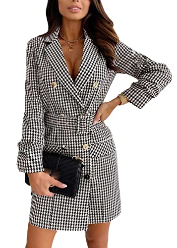Women Plaid Blazer Dress Elegant Long Sleeve Lapel Double Breasted Suit  Dresses Black S at Amazon Women's Clothing store