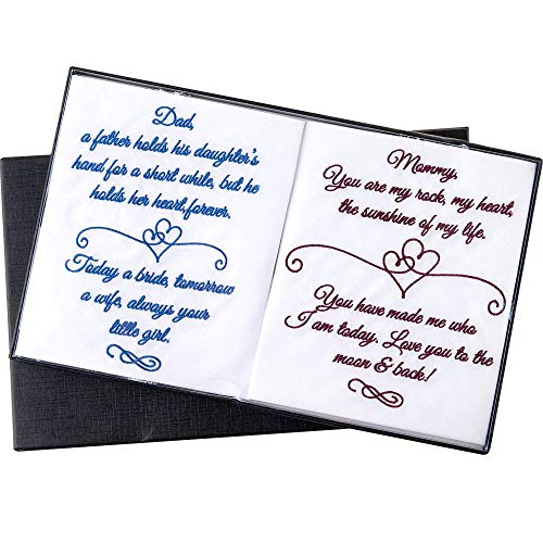 Premium Embroidered Wedding Day Handkerchiefs for Mom and Dad | Mother and Father of the Bride Keepsake Gift | Burgundy Navy Embroidery