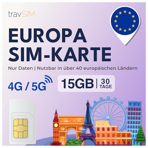 travSIM SIM Karte Europa Internet | 30 Tage - 15GB | SIM-Karte Europa, Deutschland, Frankreich, Spanien, Italien, Niederlande, & mehr | Zugang zu Google, Facebook, Whatsapp & mehr | 0 Roamingkosten
