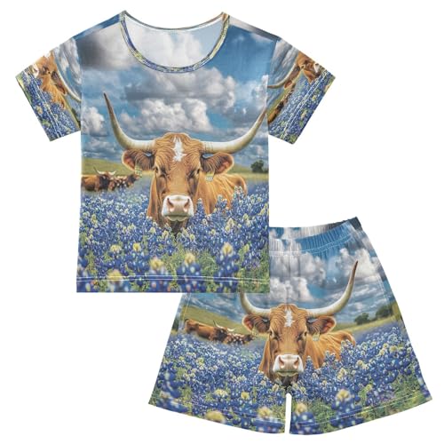 ALAZA Highland Cow Blue Flower Pajamas Set Short Sleeve Cotton Sleepwear Summer Pjs 2 Piece 5-14Y