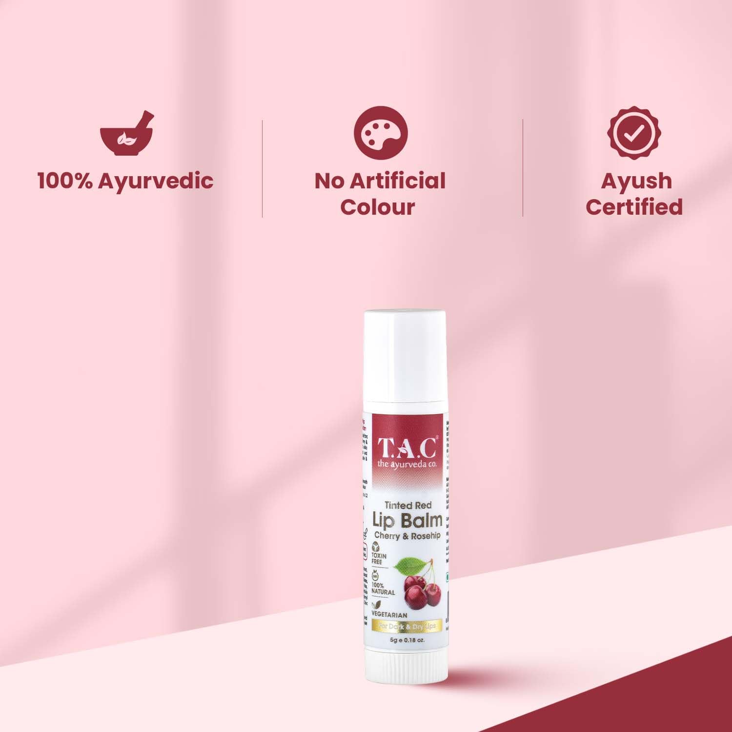 TAC - The Ayurveda Co. Tinted Cherry & Roship Vegan Lip Balm SPF 20 for Dark, Dry & Chapped Lips with Vitamin E, Cherry Extract, Shea Butter, For Women & Men, All Skin Types, 5gm