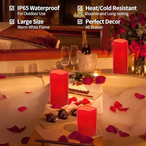 Image of NURADA Large Waterproof Flameless Candles 6 inch 8 inch 10 inch x 4 inch - Outdoor Indoor LED Pillar Flickering Candle Battery Operated with Timer Remote for Patio Porch Christmas Decor - Red Set of 3