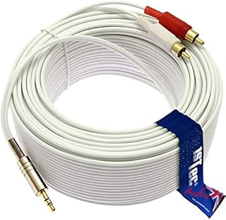1STec 20m Long White Stereo 3.5mm 1/8" Mini Jack-2 Male RCA Audio Cable with Gold Plated Phono Plugs Connects TVs Electronic Keyboards PCs or Laptops to an Amplifier (20 Metre, White)