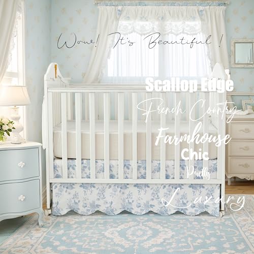Image of Brandream Scallop Edge Cotton Crib Skirt, Baby Girl, French Country Blue Toile Crib Skirt Toddler Bedskirt Farmhouse Chic Nursery Crib Bed Skirt, Boho Bohemian Vintage Grandmillennial Floral Print