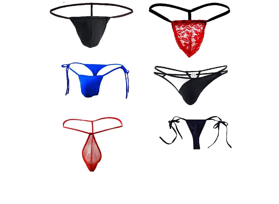 Men's Sexy G String Briefs Assorted Thong Collection, 6-Pack, Multiple Styles and Colours, Black, Red, Blue Regular Fit (S,M,L)