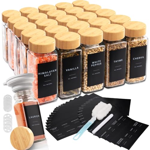 Aevcvok Botes Especias Cristal, 24pcs Cuadrado Botes para Especias con Tapa de Madera, 120ml Hermeticos Tarros Cristal, incluir Embudo, Tamiz, Cepillo Limpieza, Etiquetas y Bolígrafo