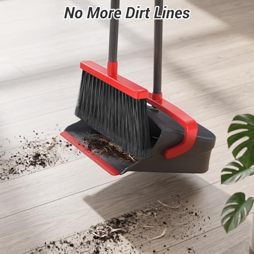 Zeawec Broom with Dustpan Combo Set, Long Handle Upright Standing Self-Cleaning Broom and Dustpan Set for Pet Hair & Dust Cleanup, Indoor Outdoor Use for Home, Kitchen, Office, Red & Gray — view 3