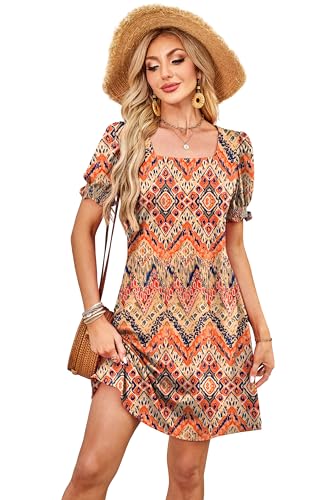 Image of RUMIA Summer Dresses for Women 2025 Casual Cute Square Neck Puff Short Sleeve Dress with Pockets