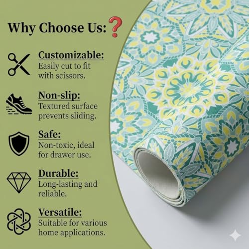 Image of Dribble EVA Shelf Liner Mat 45x500cm Roll, Non Slip Drawer & Cabinet Liner for Kitchen, Waterproof Oilproof Washable Fridge Mat, Anti Skid Cupboard Wardrobe Multipurpose Mat (Green Mandala Art)