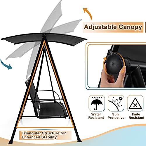 Image of Tangkula 2 Person Porch Swing, Patio Swing with Adjustable Canopy, Comfortable Fabric Seat & Heavy-Duty Steel Frame, Outdoor Canopy Swing for Patio, Garden, Poolside (Black)