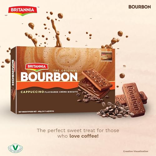 Image of Britannia Bourbon Cappuccino Flavoured Creme Biscuits, Chocolate Sandwich Cookies with Coffee Cream Filling, 400g (14.11 oz)