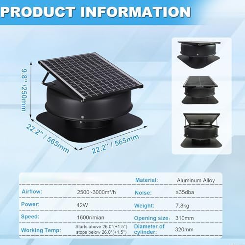 Ventilatore solare da tetto, con telecomando, copertura in alluminio antipioggia, motore a frequenza variabile DC brushless per casa, garage, camper