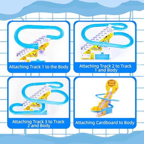 OCCOUMR 12 Stück Elektrische Ente Treppensteigen Spielzeug, Elektrisches Entenklettern auf Treppenbahnen und Rutschen-Set, Enten-Achterbahn mit blinkenden Lichtern und Musik EIN-/Ausschalter