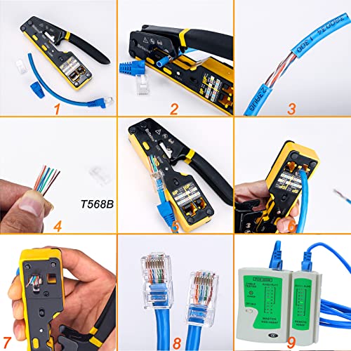 Brileine Rj45 Crimp Tool Pass Through Kit Ethernet Crimper Cat5 Cat5E Cat6 Crimping Tool For Rj11/12 6P/8P With Network Lan Cable Tester, 50Pcs Cat6 Connectors, 50Pcs Boots, Mini Cable Stripper #TOP5