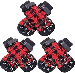 SCENEREAL Dog Socks Double Side Anti-Slip with Straps Traction Control 3 Pairs Set - Plaid Paw Protector for Floor Indoor, Non-Skid Design for Small Medium Dogs Cats Puppy