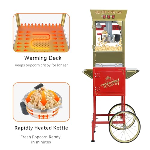 Image of 12 Oz Popcorn Machine with Cart (Red) - Medium Capacity Vintage Popcorn Maker - 3 Easy Switches with Storage, 4 Spoons for Home & Light Commercial Use