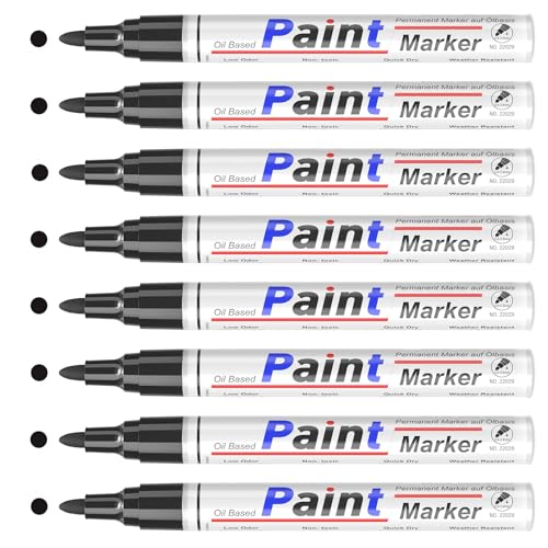 APOGO Black Marker Pen - 8 Pack Waterproof Permanent Marker Pens Black, Oil Based Medium Tip For Rocks, Wood, Metal, Plastic, Glass, Mugs, Arts & Crafts, Headstone Lettering Repair