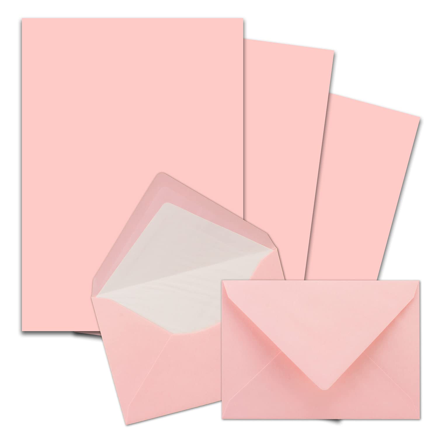Set di 1000 fogli di carta da lettere formato DIN A4, con buste foderate in C6, incollaggio a umido, colore rosa, carta da lettere opaca con fodera in seta bianca