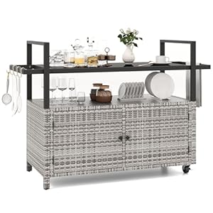 Tangkula Outdoor Bar Cart, Patiojoy Rolling Wicker Buffet Serving Cart with Tempered Glass Top, Storage Cabinet & 8 Hooks, Kitchen Island Cart on Wheels for Porch Backyard Garden Poolside (Mix Grey) Tangkula Outdoor Bar Cart Patiojoy Rolling Wicker Buffet Serving Cart with Tempered Glass Top Storage Cabinet 8 Hooks Kitchen Island Cart on Wheels for Porch Backyard Garden Poolside Mix Grey