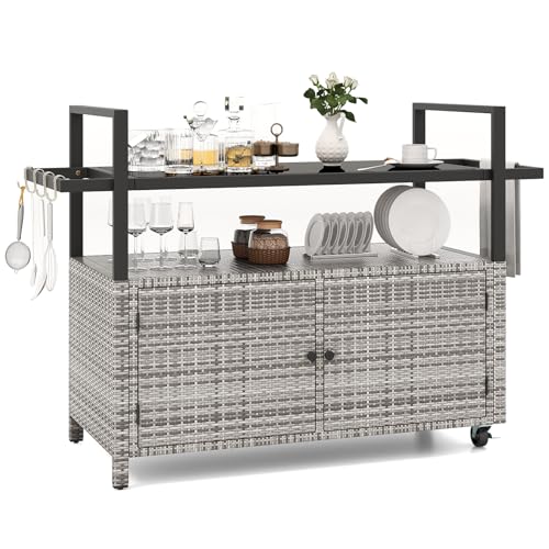 Tangkula-Outdoor-Bar-Cart-Patiojoy-Rolling-Wicker-Buffet-Serving-Cart-with-Tempered-Glass-Top-Storage-Cabinet-8-Hooks-Kitchen-Island-Cart-on-Wheels-for-Porch-Backyard-Garden-Poolside-Mix-Grey Tangkula Outdoor Bar Cart Patiojoy Rolling Wicker Buffet Serving Cart with Tempered Glass Top Storage Cabinet 8 Hooks Kitchen Island Cart on Wheels for Porch Backyard Garden Poolside Mix Grey