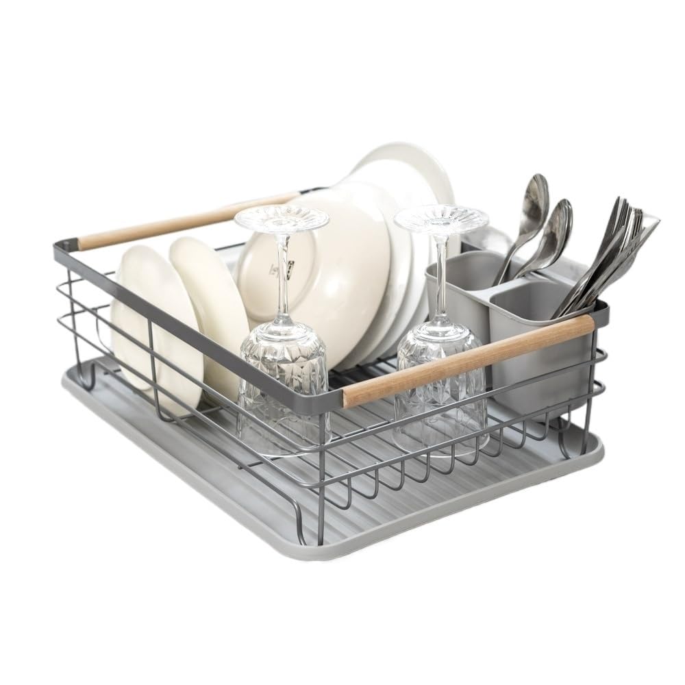 AVkgwrtb Dish Drying Rack, Dish Drainer Rack with Removable Drip Tray and Cutlery Holder, Multicolor(Grey)