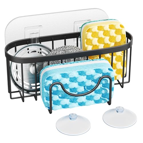 HapiRm Kitchen Sponge Holder for Sink - 2 Installation Methods Kitchen Sink Caddy Organizer with Unique M-Shaped, Rustproof Stainless Steel Sponge Caddy - Black（Large）