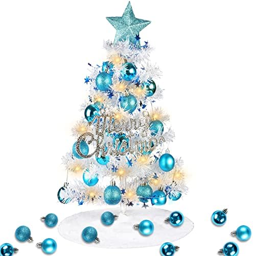60CM Mini Christmas Tree,Artificial Christmas Tree with Hanging Ornaments,Christmas Tree Skirt,Christmas Ball Desktop Xmas Tree for Home, Kitchen, Dining Table DIY Christmas Decorations (White)