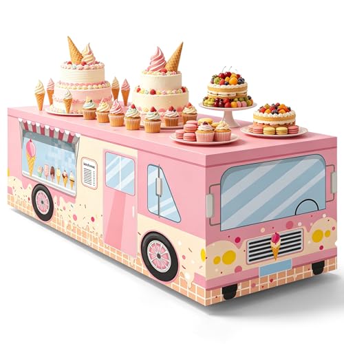 Jremreo 6FT Ice Cream Truck Tablecloth Pastel Dessert and Sweet Treat Print Washable Reusable Fabric Table Cover for Kids Birthday Table Decor Summer Party Supplies and Ice Cream Bar Decorations