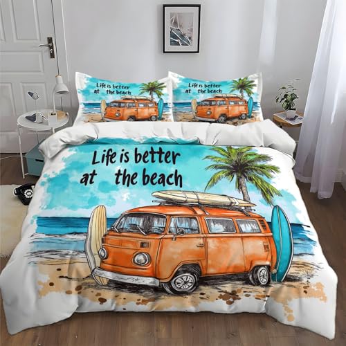 Blanc Housse de Couette Réversible Aquarelle Surf Van Plage 2 Pièces, 1 Personnes Ensemble de...
