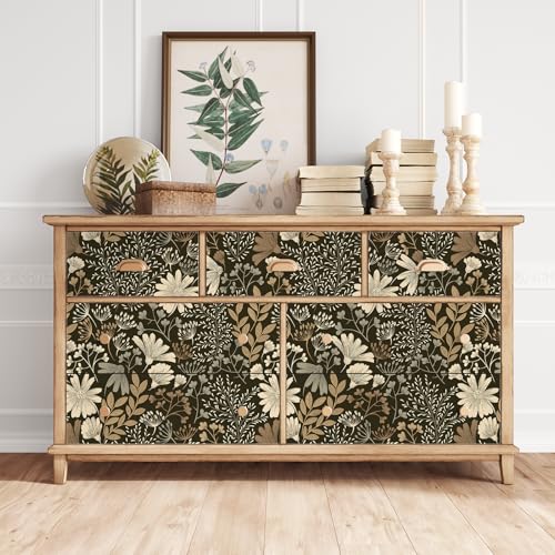 VEELIKE Boho Floral Wallpaper Peel and Stick Botanical Flower Wallpaper for Bedroom Bathroom Nursery 17.7''x118'' Removable Self Adhesive Dark Floral Wall Mural Contact Paper for Cabinets Drawers by VEELIKE - Used condition - Image 7