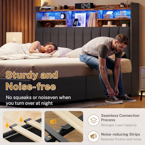 Image of TEENFON Queen Bed Frame with Headboard and 4 Drawers Storage, Bed Frame Queen Size Built in LED Lights and Charging Station, Sturdy & Noise-Free Upholstered Platform Metal Support Bed, Dark Grey