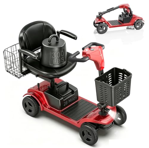Image of Mobility Scooter,Removable Battery,Suitable for All Terrains-Red | 28 Miles Travel,300 lbs Capacity,Quick-Assembly, Features Rotating Seat,300W Motor,Dual Baskets and Rear Tail Lights