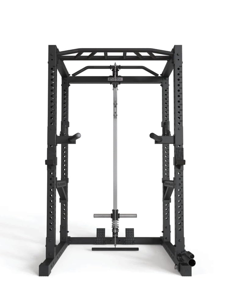 Atletica Cage R7 - 200 cm de hauteur - Avec station de traction et d'aviron - Barre de traction multi-prises - Barres de dip - Bras Spotter - 4 crochets J et mine terrestre